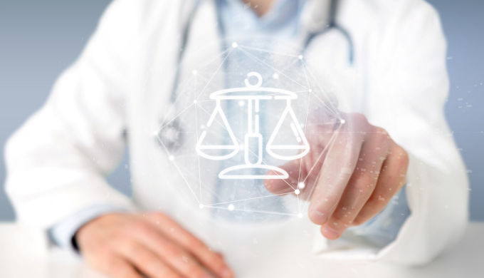Doctor holding Cloud of justice and law- icon bubble with data 3d rendering