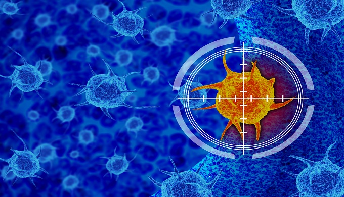 Depiction of immunotherapy targeting a malignant cell.